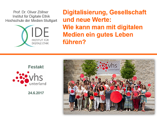 Beim Festakt '25 Jahre Volkshochschule Unterland' hielt HdM-Professor Oliver Zöllner am 24. Juni 2017 in Bad Rappenau einen Vortrag zum Thema 'Digitalisierung, Gesellschaft und neue Werte'. (Screenshot: Oliver Zöllner) Beim Festakt '25 Jahre Volkshochschule Unterland' hielt HdM-Professor Oliver Zöllner am 24. Juni 2017 in Bad Rappenau einen Vortrag zum Thema 'Digitalisierung, Gesellschaft und neue Werte'. (Screenshot: Oliver Zöllner)